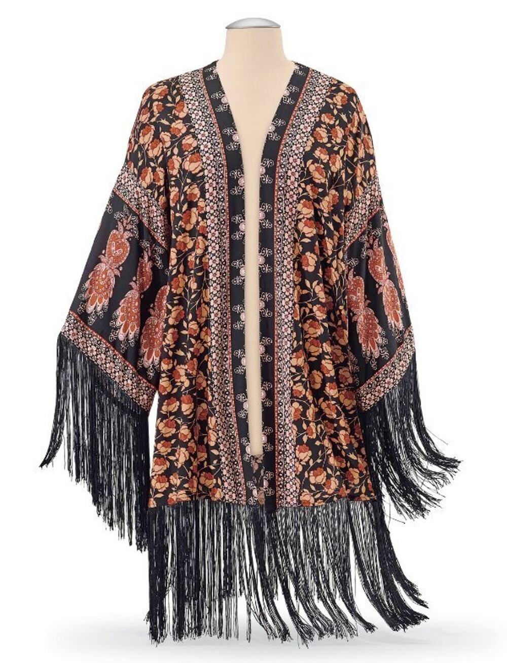 THE PYRAMID COLLECTION BLACK JAPANESE FRINGE CHERRY BLOSSOM SAKURA KIMONO XS/S
